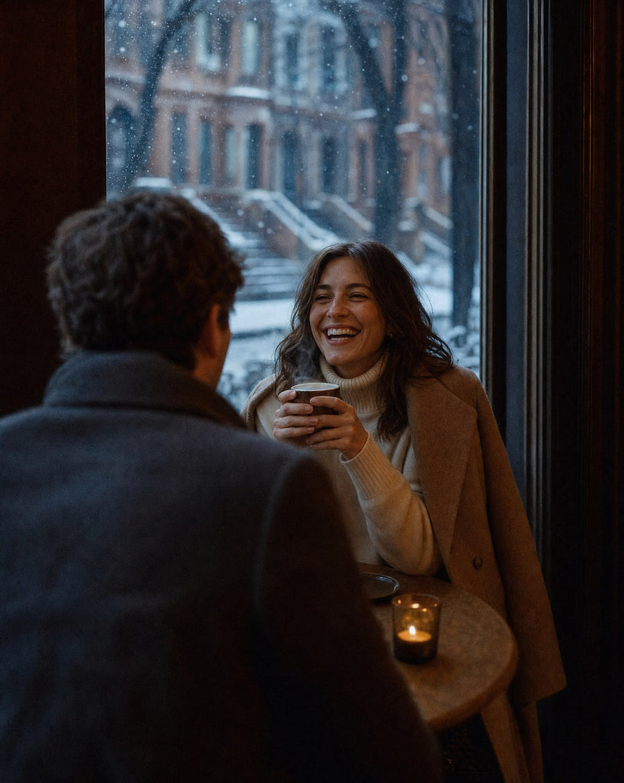 A woman laughing over a hot drink at a cafe table, with snowy brownstone steps through the window