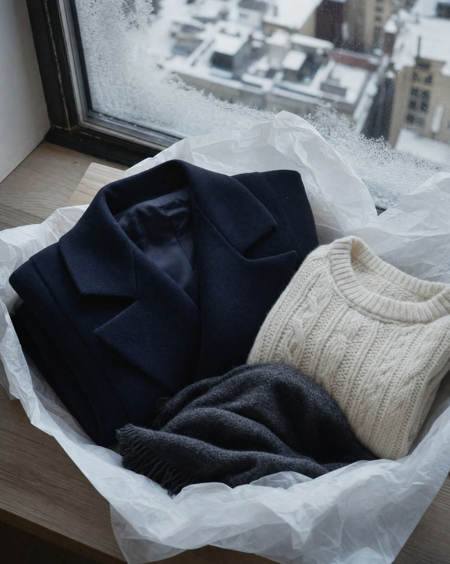 A navy coat, a cream cable-knit sweater and a charcoal scarf in white tissue paper by a frosted window over snowy rooftops