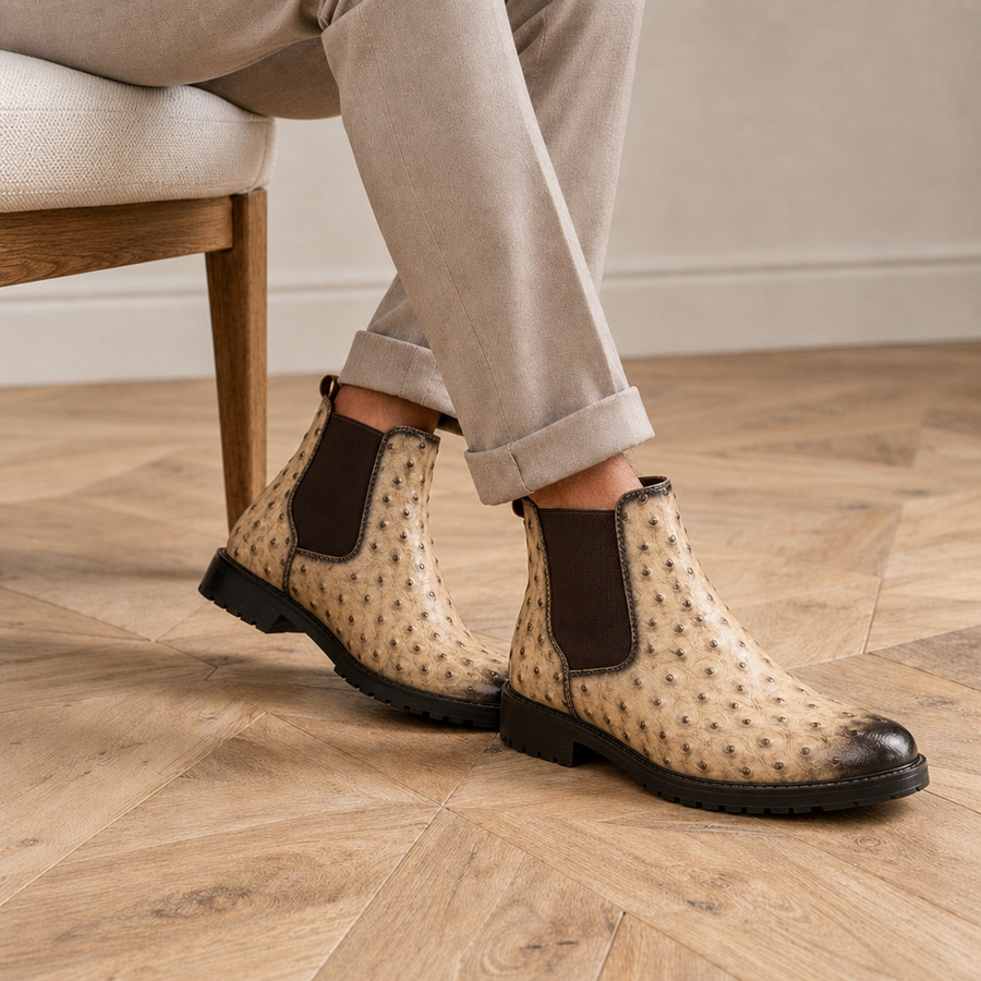 Aix Ostrich Embossed Chelsea Boots in Beige