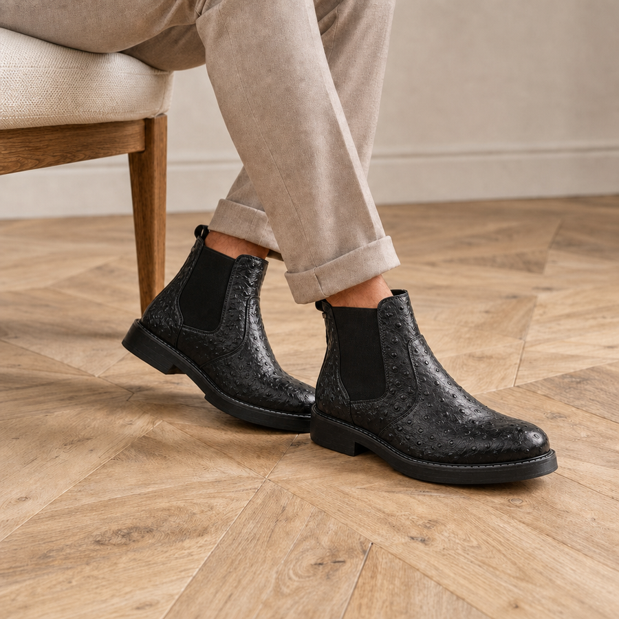 Aix Ostrich Embossed Chelsea Boots in Black