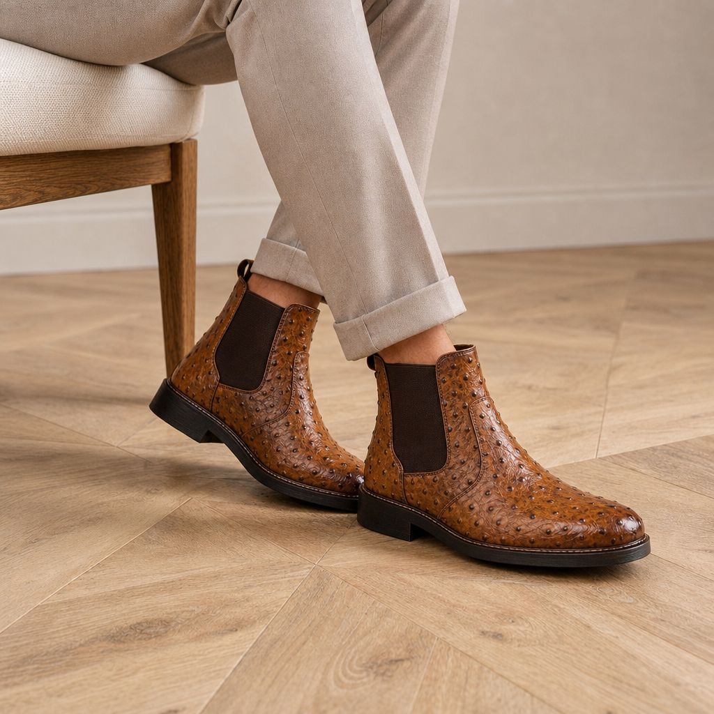 Aix Ostrich Embossed Chelsea Boots in Brown