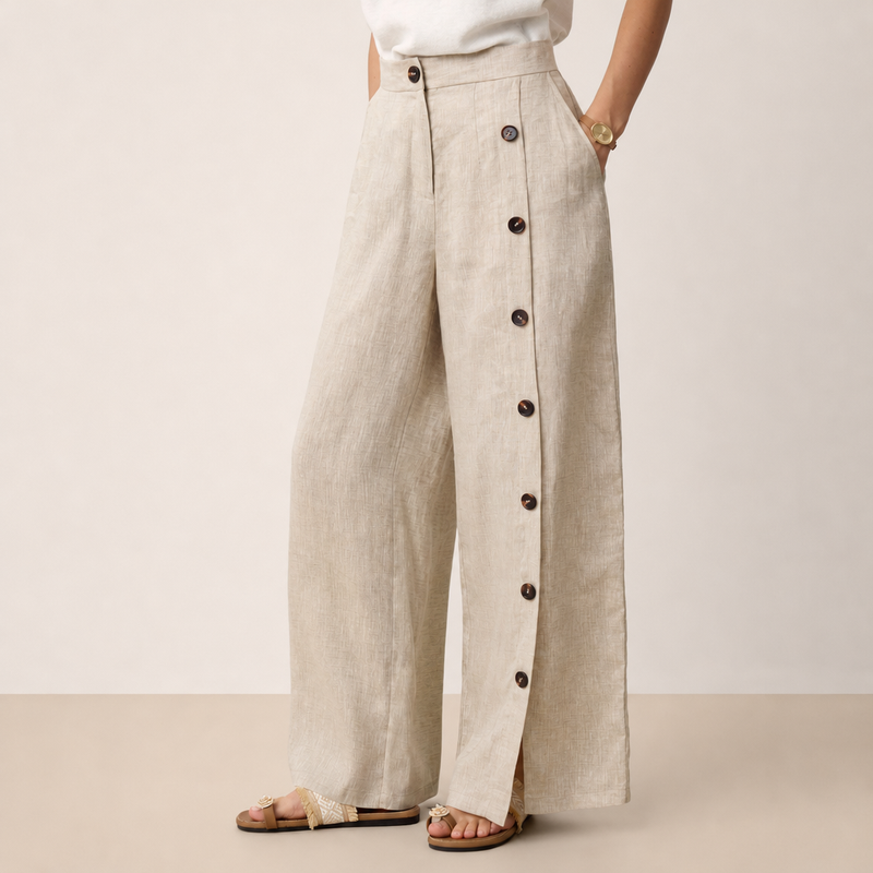 Ajaccio Linen Buttoned Wide-Leg Pants in Stone Oat