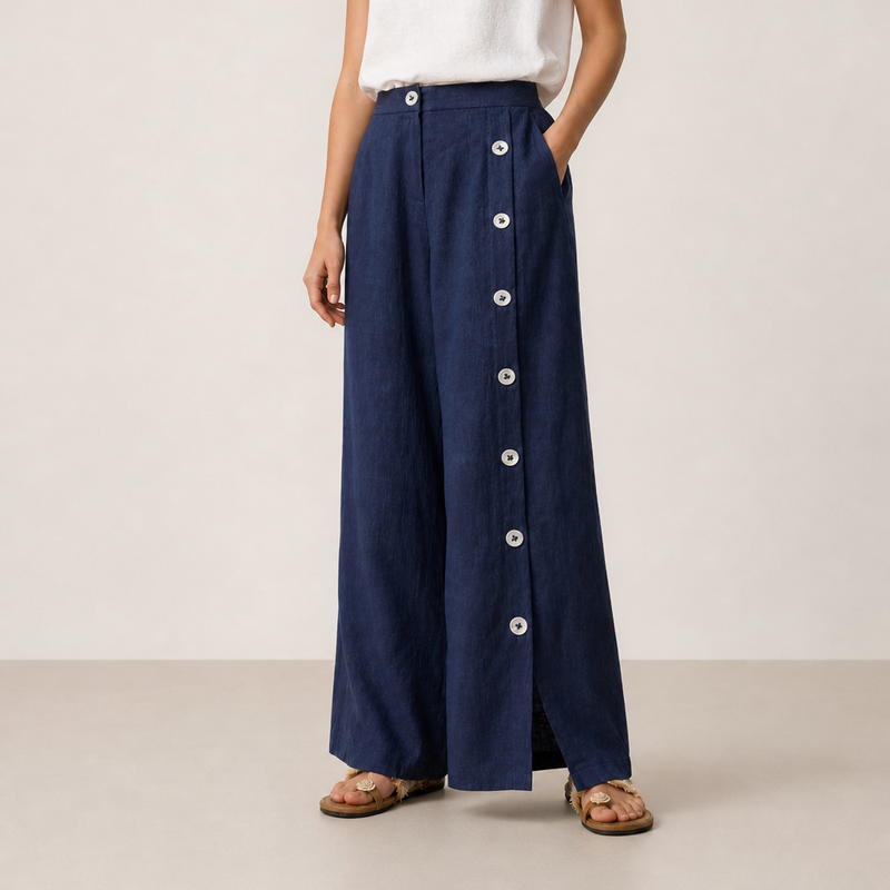 Ajaccio Linen Buttoned Wide-Leg Pants in Navy Blue