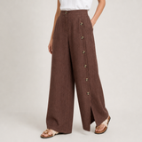 Ajaccio Linen Buttoned Wide-Leg Pants in Espresso Brown