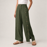 Ajaccio Linen Buttoned Wide-Leg Pants in Forest Olive
