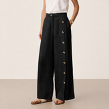 Ajaccio Linen Buttoned Wide-Leg Pants in Charcoal Black