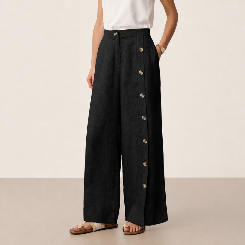 Ajaccio Linen Buttoned Wide-Leg Pants in Charcoal Black