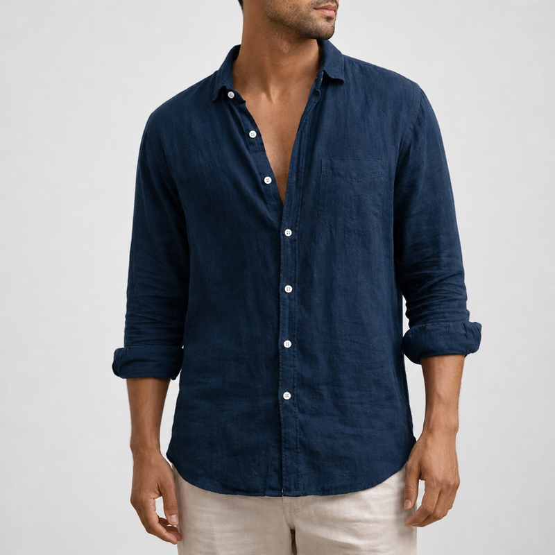 Alberobello Linen Long Sleeve Shirt in Navy Blue