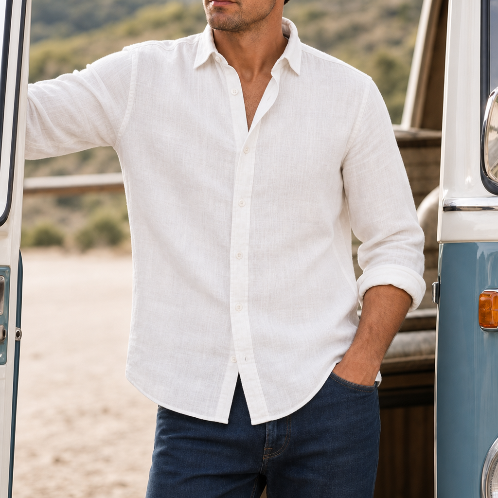 Alonnisos Linen Button-Up Shirt in White