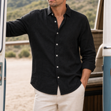 Alonnisos Linen Button-Up Shirt in Black