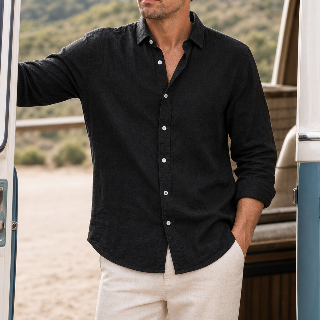 Alonnisos Linen Button-Up Shirt in Black