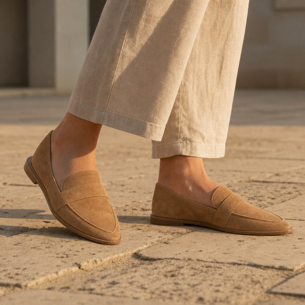 Amorgos Orthopedic Suede Pointed Loafers in Khaki