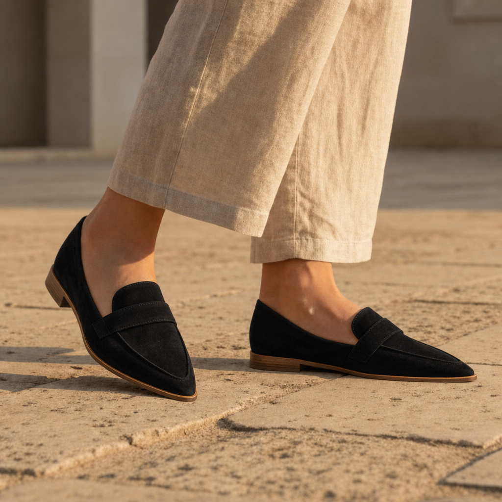 Amorgos Orthopedic Suede Pointed Loafers in Black