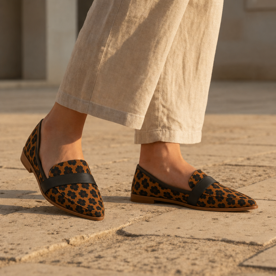 Amorgos Orthopedic Suede Pointed Loafers in Leopard