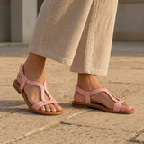 Ansouis Orthopedic Metallic Adjustable T-Strap Sandals in Pink