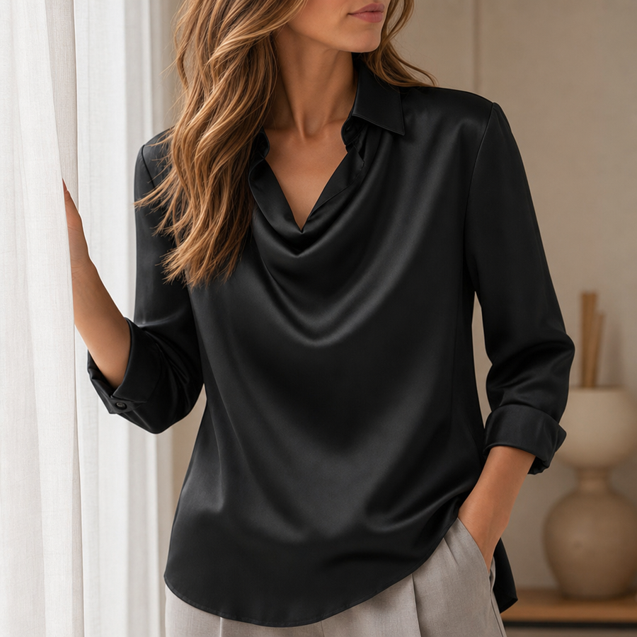 Antequera Satin Cowl Neck Blouse in Black