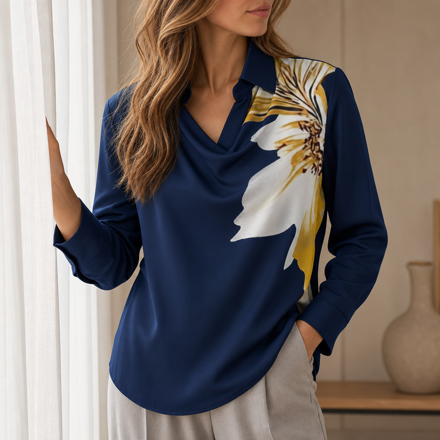 Antequera Satin Cowl Neck Blouse in Dark Blue