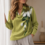 Antequera Satin Cowl Neck Blouse in Green