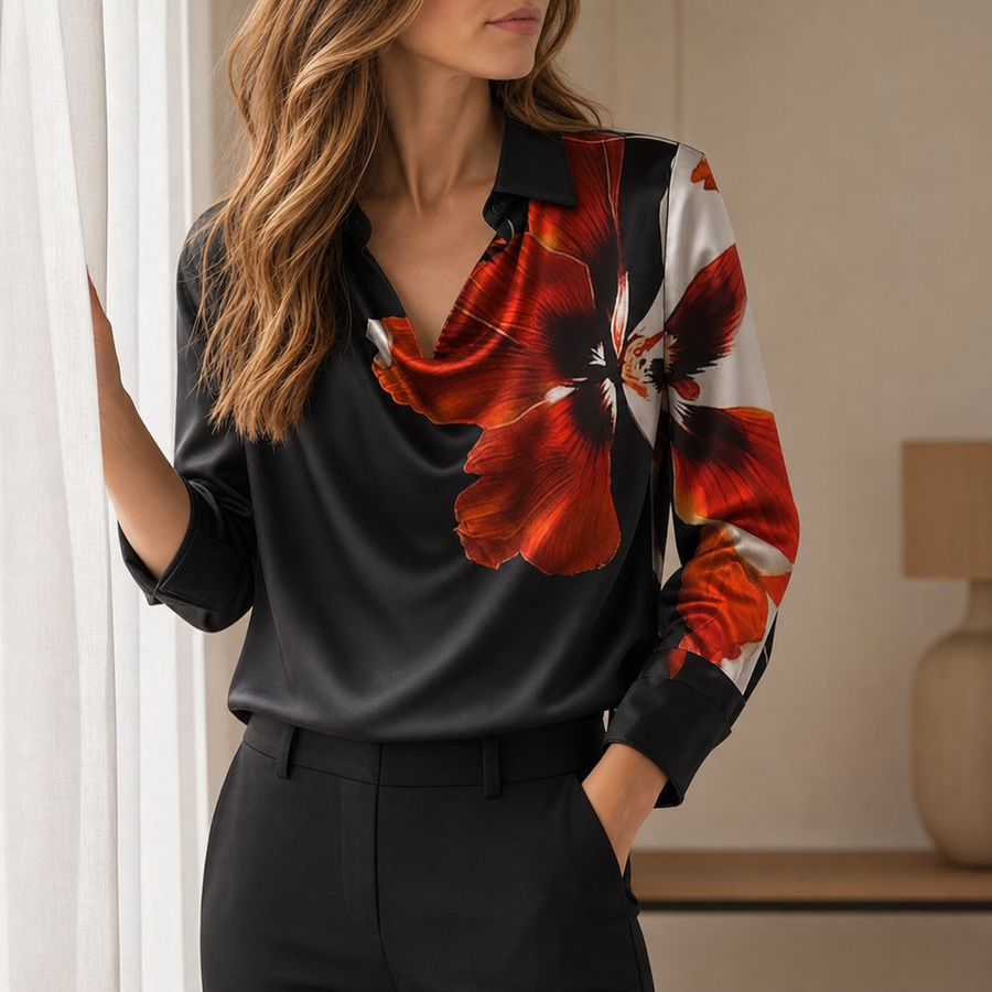 Antequera Satin Cowl Neck Blouse in Red