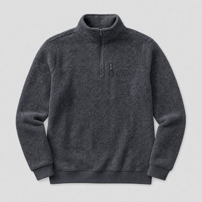 The Archivist Men's Half-Zip Fleece Pullover in Charcoal, flat lay