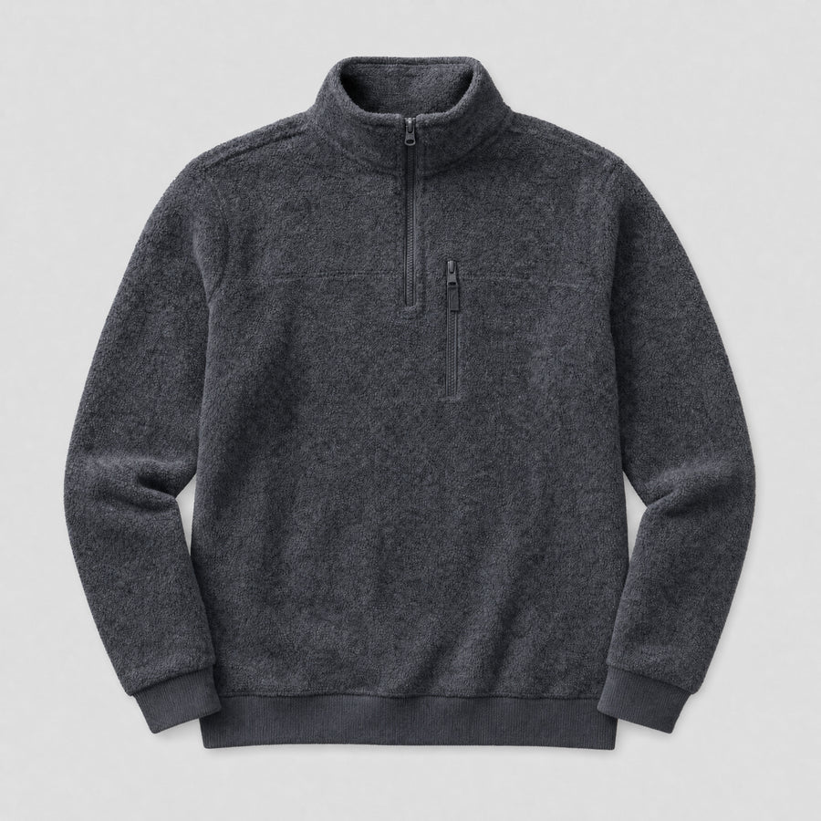 The Archivist Men's Half-Zip Fleece Pullover in Charcoal, flat lay