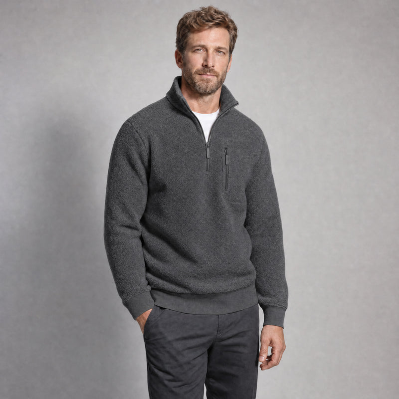 The Archivist Men's Half-Zip Fleece Pullover in Charcoal, worn by model