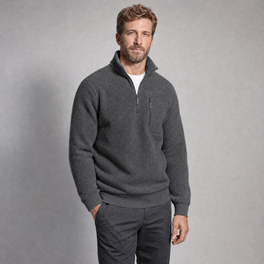 The Archivist Men's Half-Zip Fleece Pullover in Charcoal, worn by model