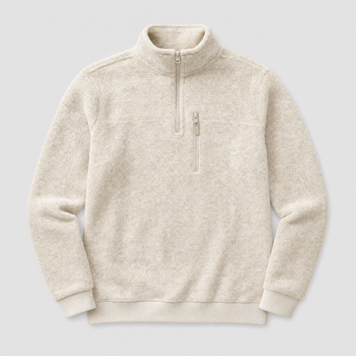 The Archivist Men's Half-Zip Fleece Pullover in Oatmeal, flat lay