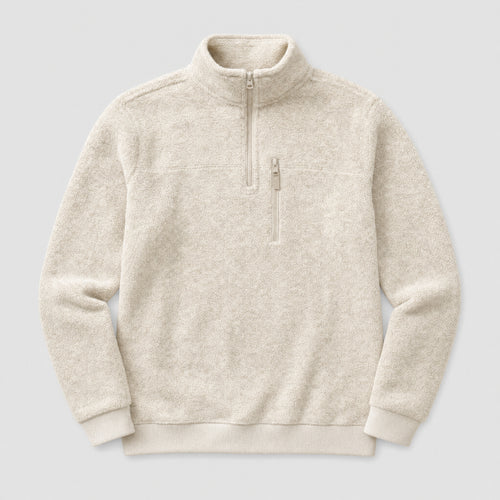 The Archivist Men's Half-Zip Fleece Pullover in Oatmeal, flat lay