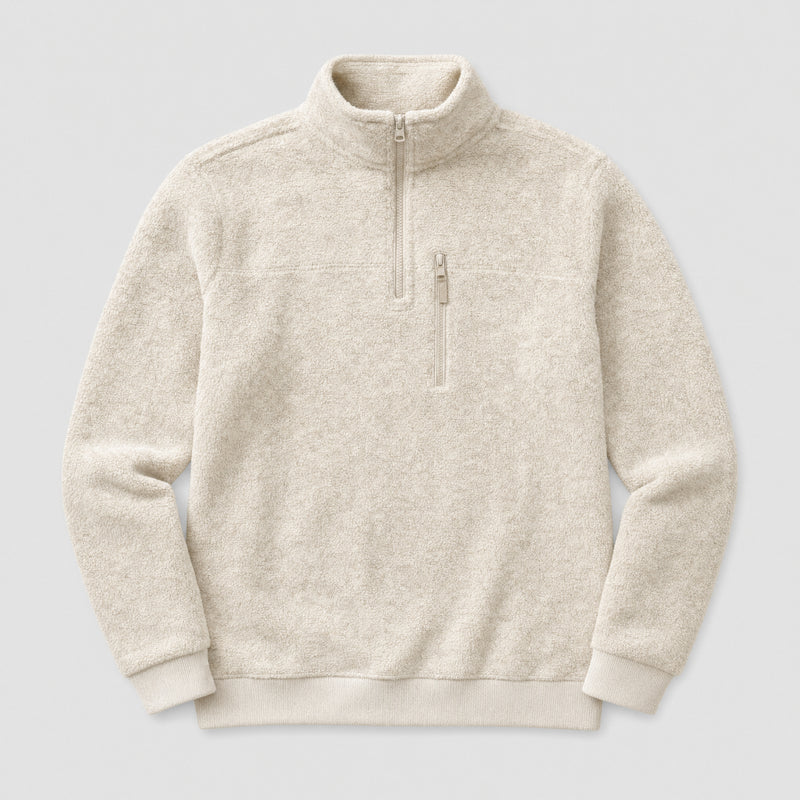 The Archivist Men's Half-Zip Fleece Pullover in Oatmeal, flat lay