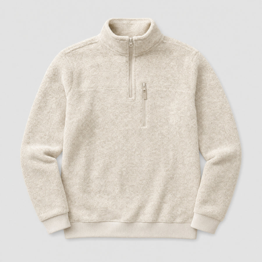 The Archivist Men's Half-Zip Fleece Pullover in Oatmeal, flat lay