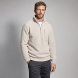 The Archivist Men's Half-Zip Fleece Pullover in Oatmeal, worn by model