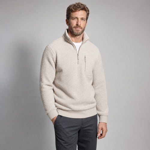 The Archivist Men's Half-Zip Fleece Pullover in Oatmeal, worn by model