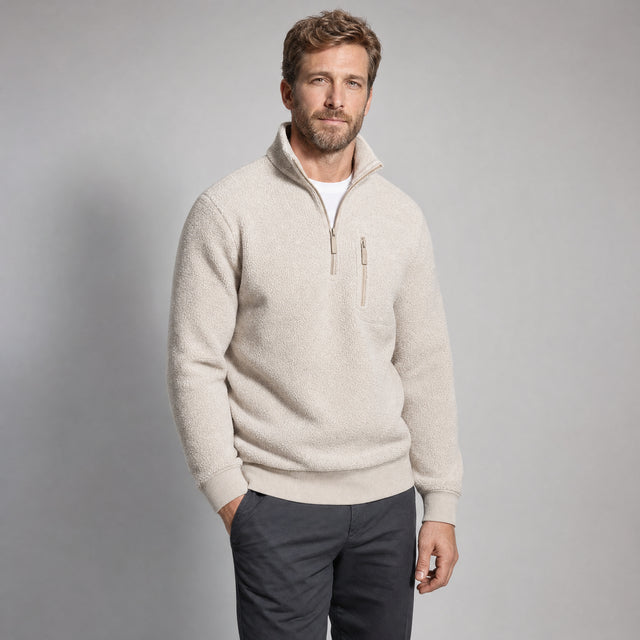 The Archivist Men's Half-Zip Fleece Pullover in Oatmeal, worn by model