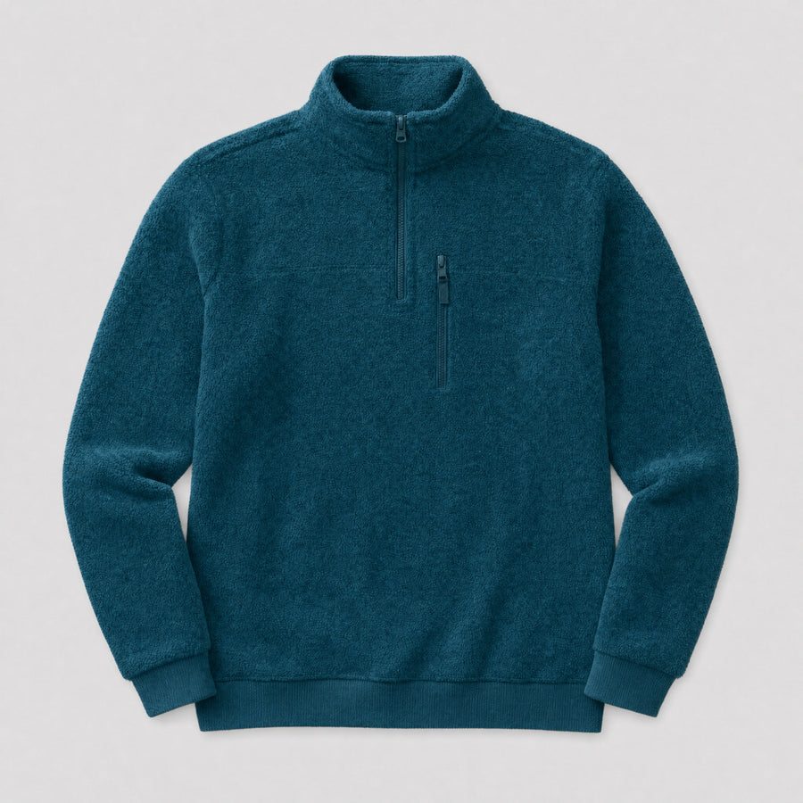 The Archivist Men's Half-Zip Fleece Pullover in Deep Teal, flat lay