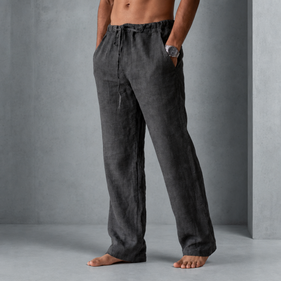 Arles Linen Drawstring Trousers in Dark Gray