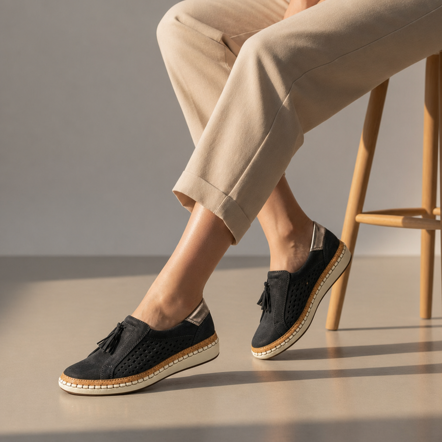 Assisi Orthopedic Perforated Slip-Ons in Black