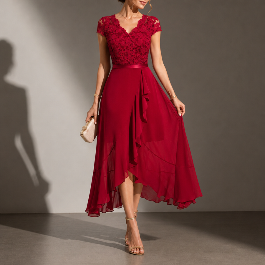 Astypalaia Lace V-Neck Midi Dress in Red