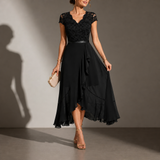 Astypalaia Lace V-Neck Midi Dress in Black