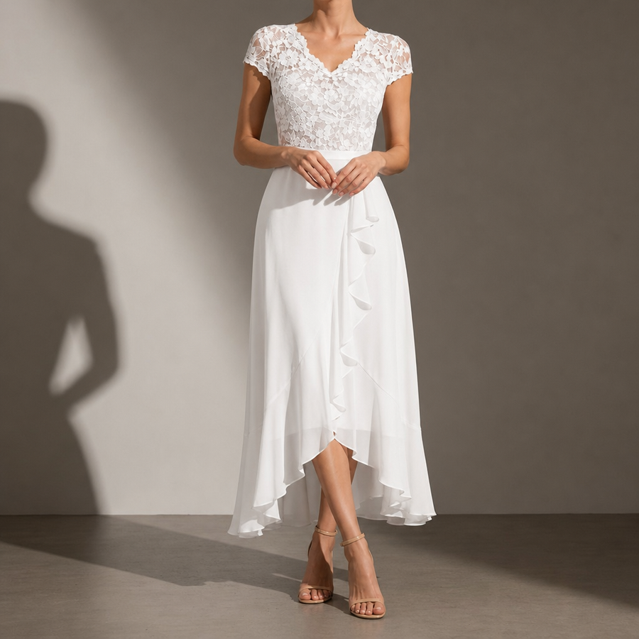 Astypalaia Lace V-Neck Midi Dress in White