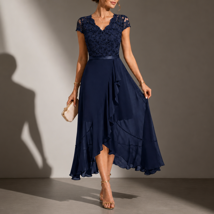 Astypalaia Lace V-Neck Midi Dress in Navy