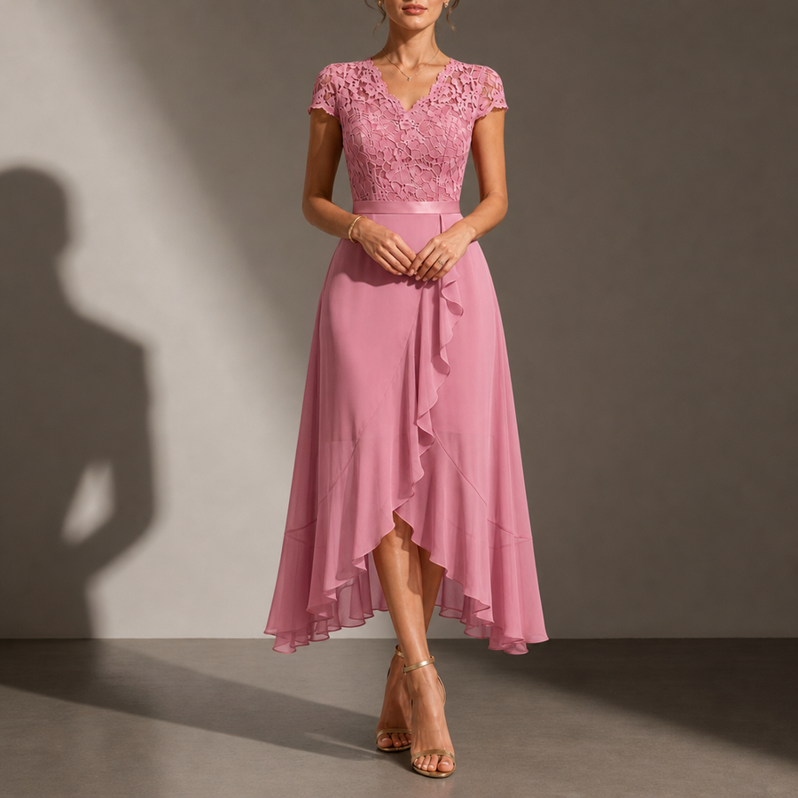 Astypalaia Lace V-Neck Midi Dress in Pink