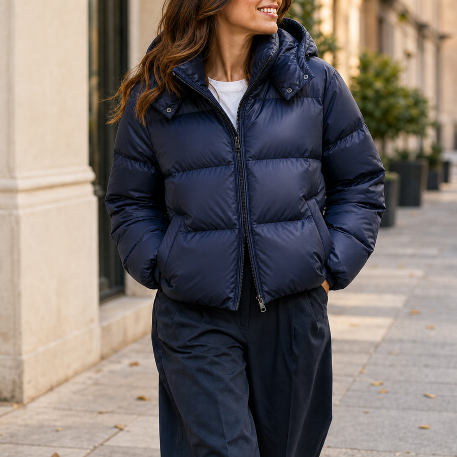 Beziers Glossy Hooded Puffer Jacket in Navy