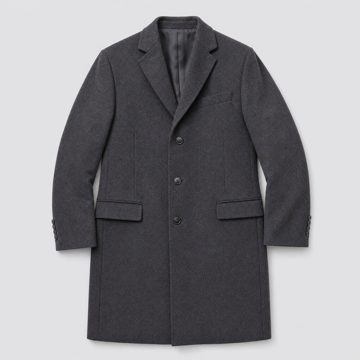 The Broker Men's Tailored Overcoat in Dark Charcoal, flat lay
