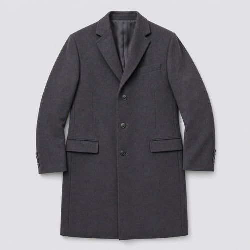 The Broker Men's Tailored Overcoat in Dark Charcoal, flat lay