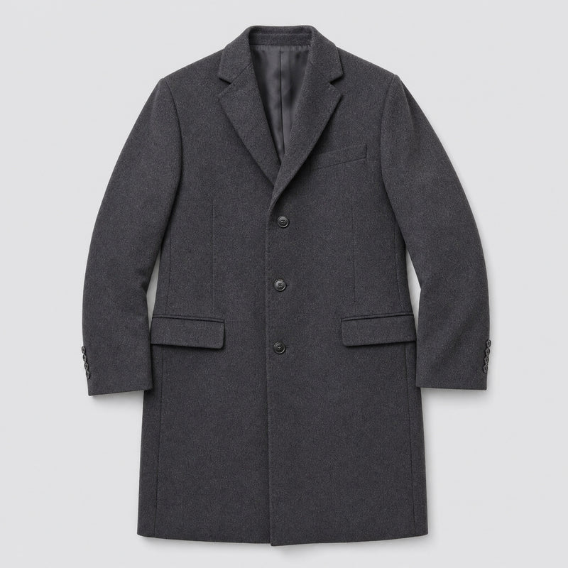 The Broker Men's Tailored Overcoat in Dark Charcoal, flat lay