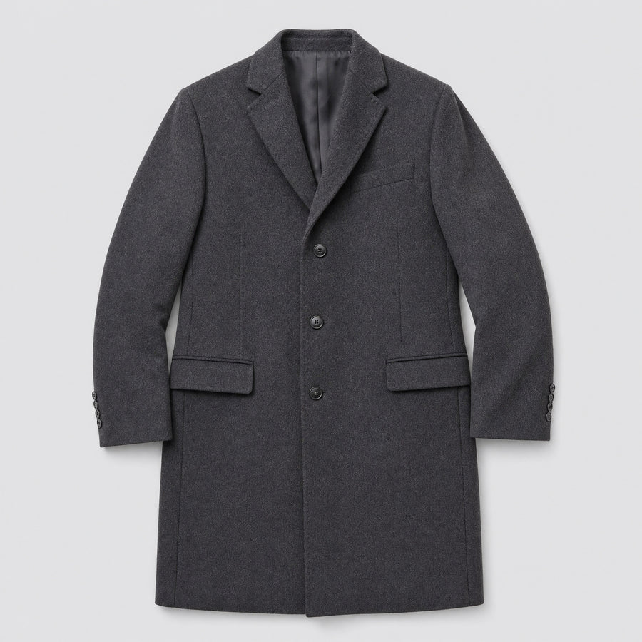 The Broker Men's Tailored Overcoat in Dark Charcoal, flat lay