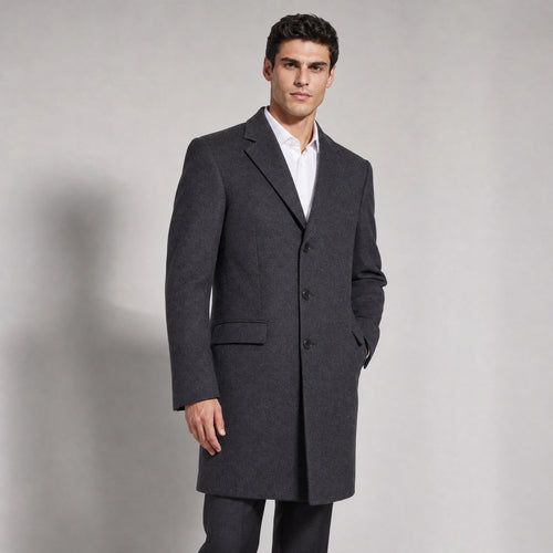 The Broker Men's Tailored Overcoat in Dark Charcoal, worn by model