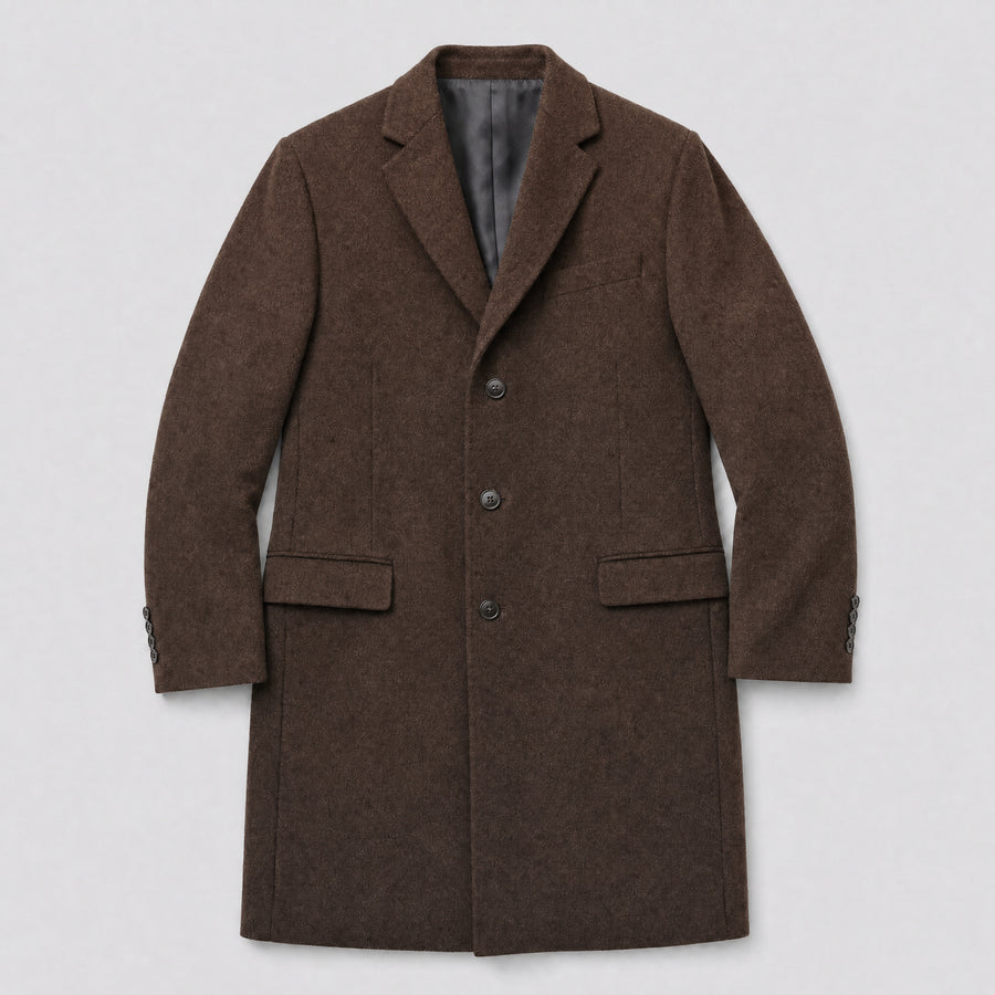 The Broker Men's Tailored Overcoat in Chestnut, flat lay