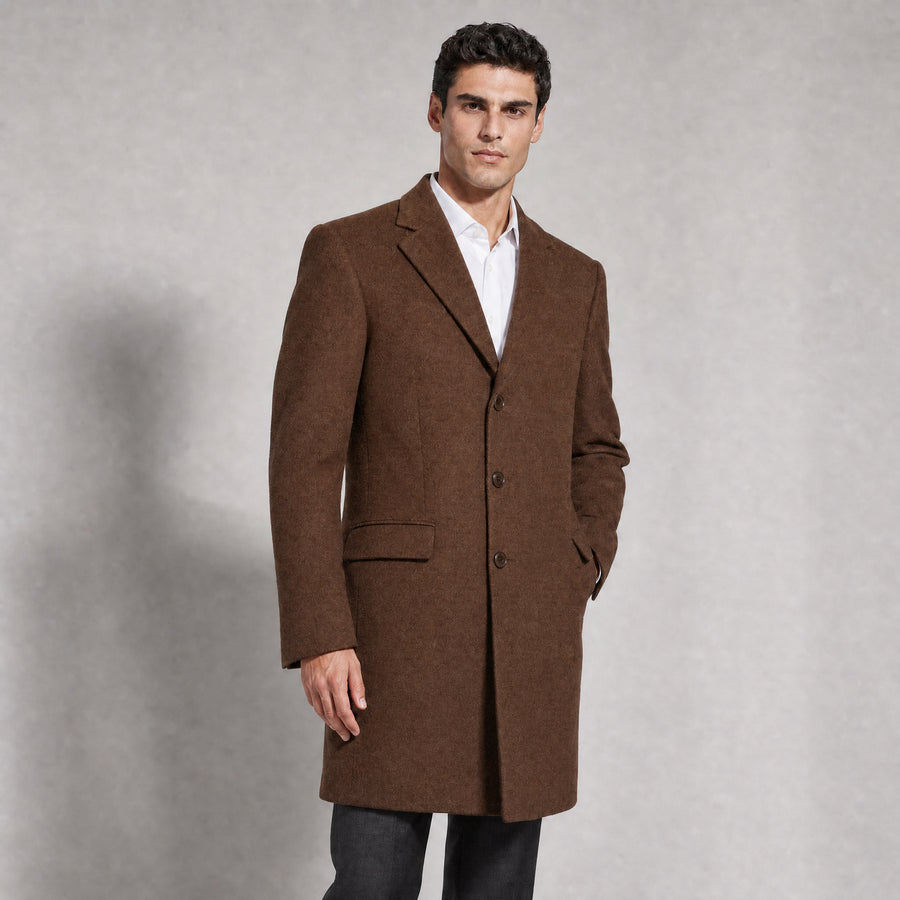 The Broker Men's Tailored Overcoat in Chestnut, worn by model